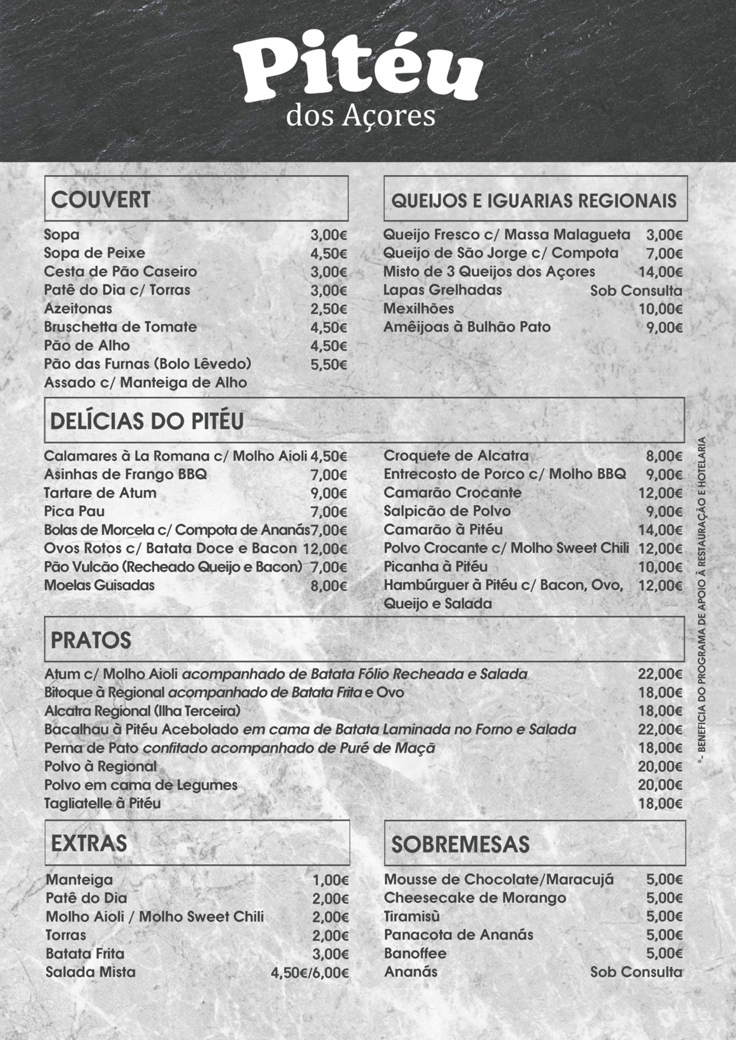 Menu de pratos principais do Restaurante Pitéu dos Açores